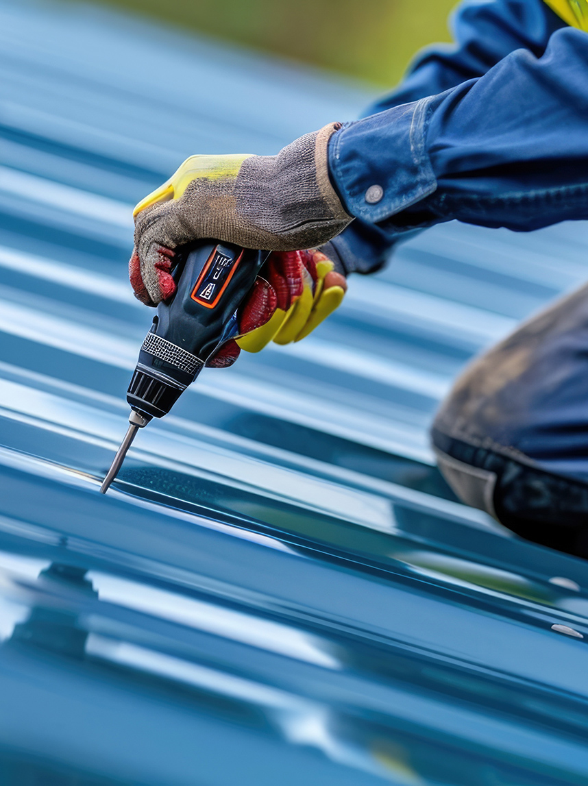 Builder installing new roof, roofing tools, drill. Installation of a new metal roof. A person holding a drill working on a metal roof in port st lucie, FL